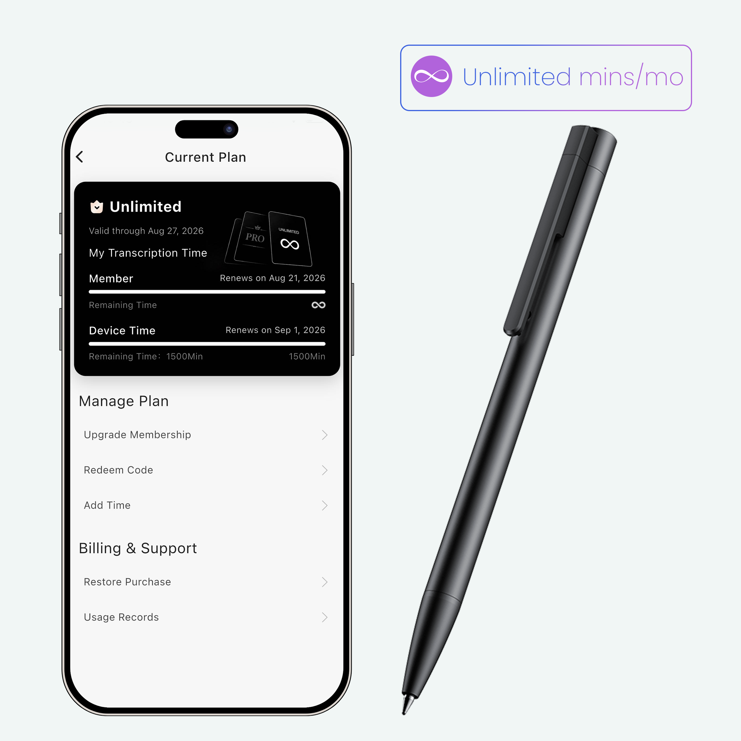 Recolx M-PEN AI Voice Recorder Pen & AI Annual Unlimited Plan