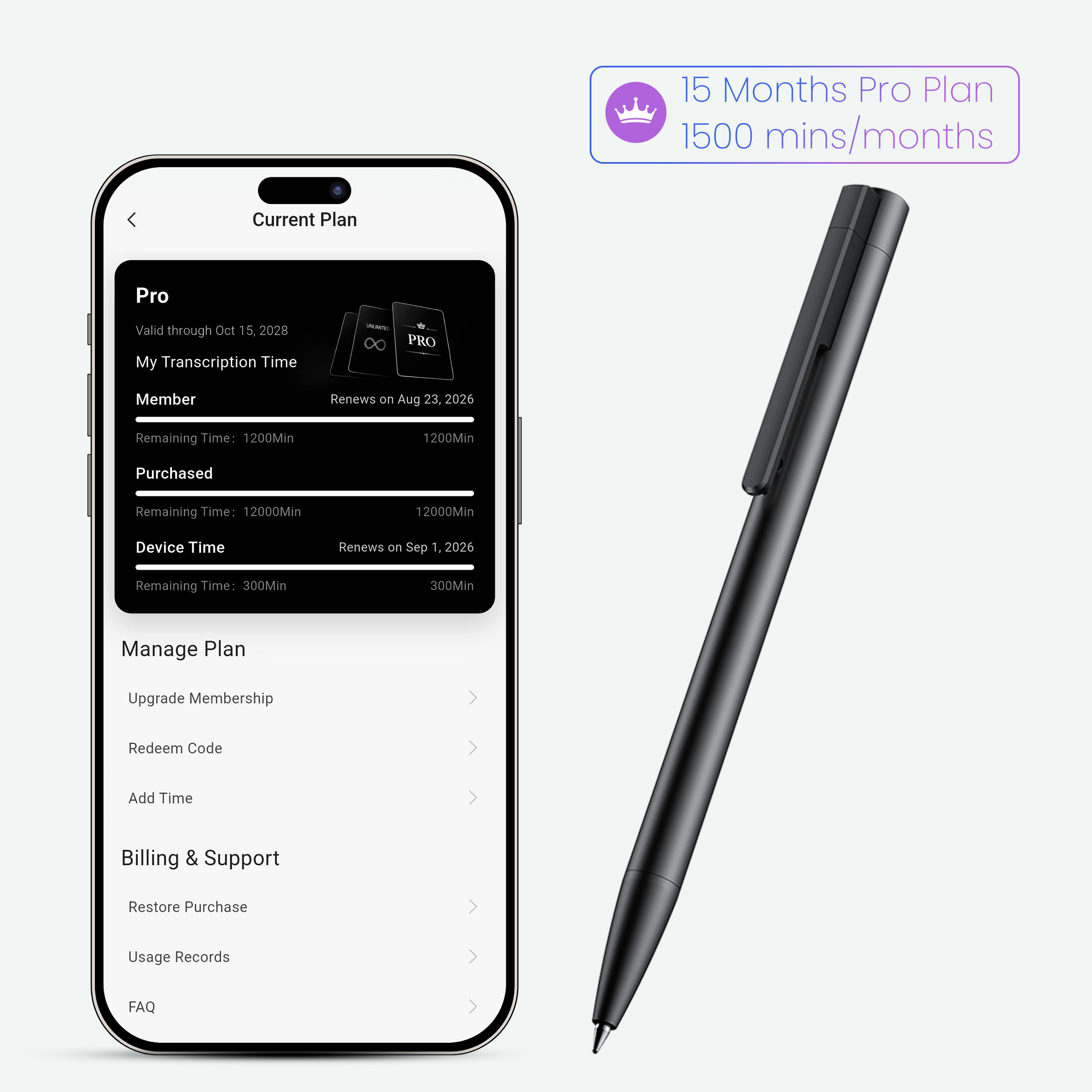 Recolx M-PEN AI Voice Recorder Pen & AI Annual Pro Plan