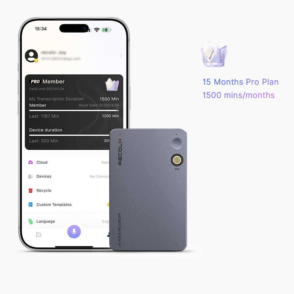 Recolx Tap™ Pro AI Voice Recorder & Al Annual Pro Plan